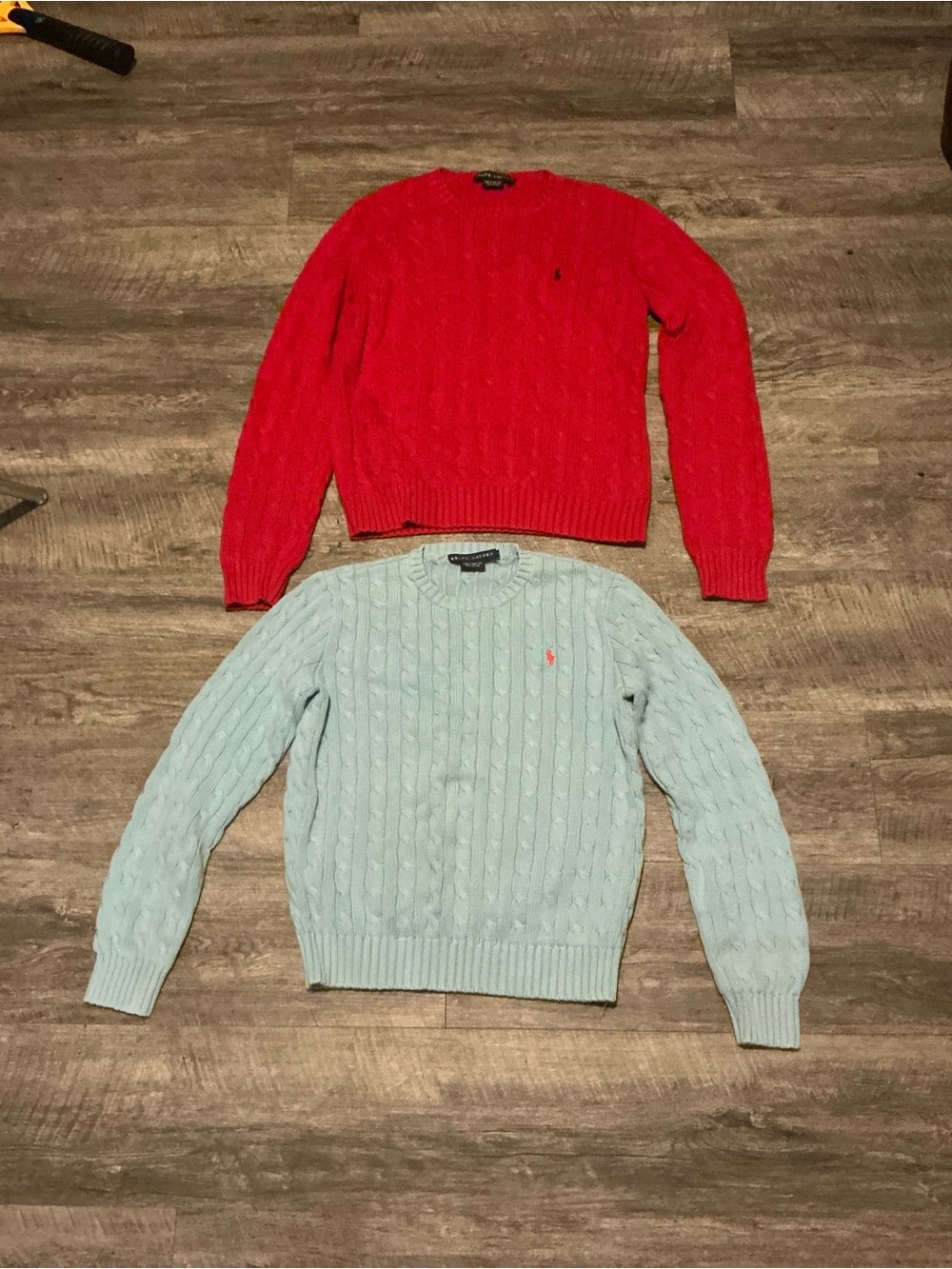 Polo by Ralph Lauren Red and Light Blue Crewneck Cable Knit Sweaters